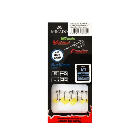 Haczyki z przyponem Mikado Method Feeder barblessz gumką rozmiar 10 8 sztuk