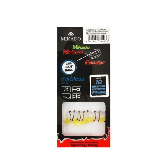 Haczyki z przyponem Mikado Method Feeder barblessz gumką rozmiar 12 8 sztuk