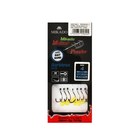 Haczyki z przyponem Mikado Method Feeder barblessz gumką rozmiar 4 8 sztuk