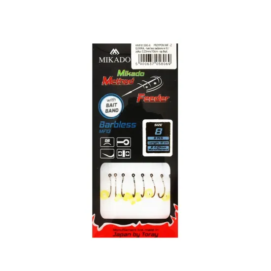 Haczyki z przyponem Mikado Method Feeder barblessz gumką rozmiar 8 8 sztuk