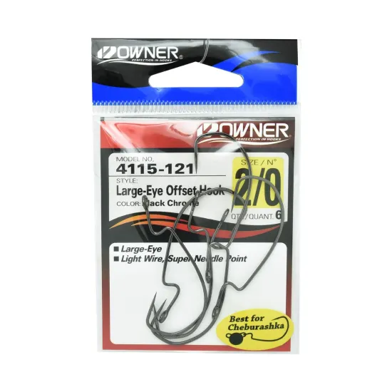 Haczyki spinningowe Owner Large Eye Offset 4115 rozmiar 2/0 czarne 6 sztuk