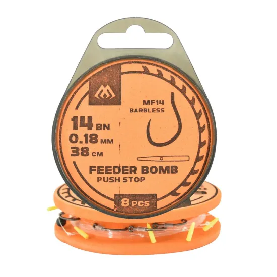 Haki z przyponem Mikado Feeder Bomb MF14 push stop rozmiar 14 8 sztuk