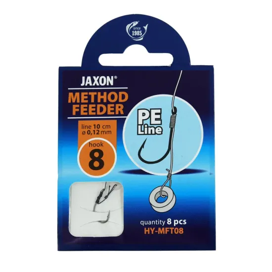 Haczyki z przyponem (z plecionki) Jaxon Method Feeder z włosem i gumką 0.12mm 10cm rozmiar 8 8 sztuk