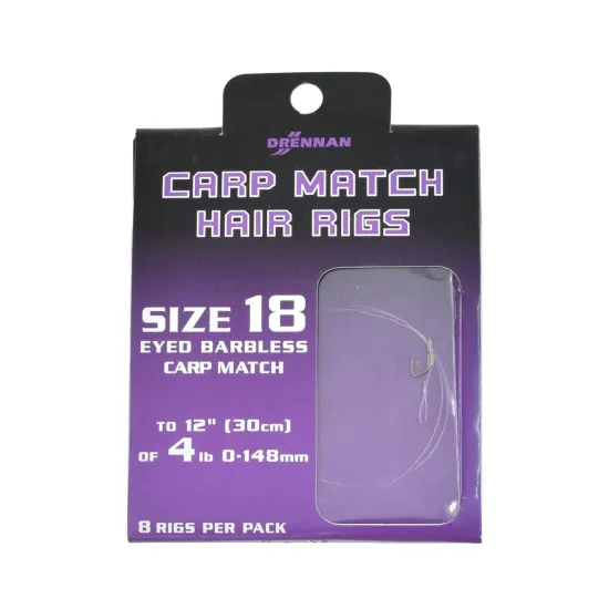Haczyki bezzadziorowe z przyponem Drennan Carp Match 0.148mm rozmiar 18 8 sztuk