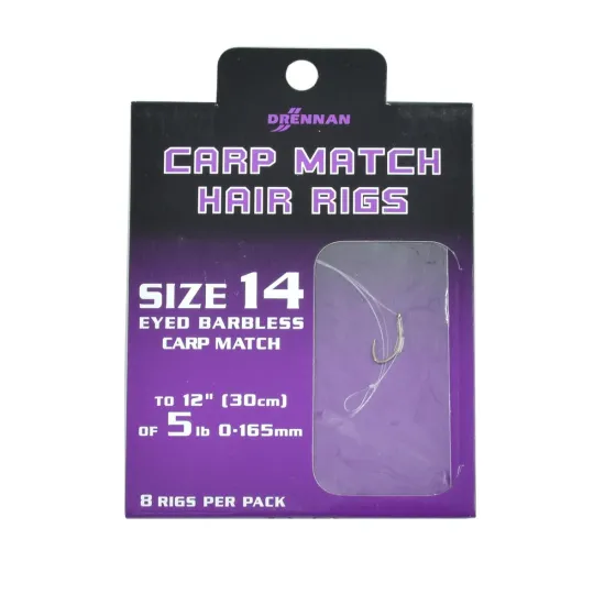 Haczyki bezzadziorowe z przyponem Drennan Carp Match 0.165mm rozmiar 14 8 sztuk