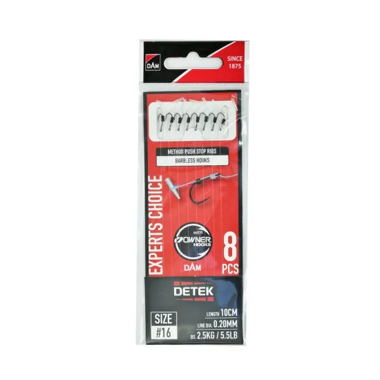 Haczyki bezzadziorowe z przyponem DAM Detek Method Feeder Push Stop Rig rozmiar 16 8 sztuk