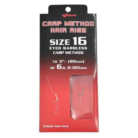 Haczyki bezzadziorowe z przyponem Drennan Carp Method 0.185mm rozmiar 16 8 sztuk